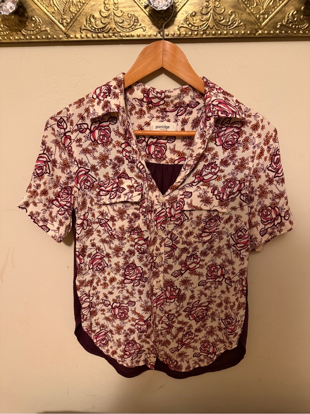 Porridge Anthropologie Floral Button Down Mixed Media Top XS Warm Fall Floral